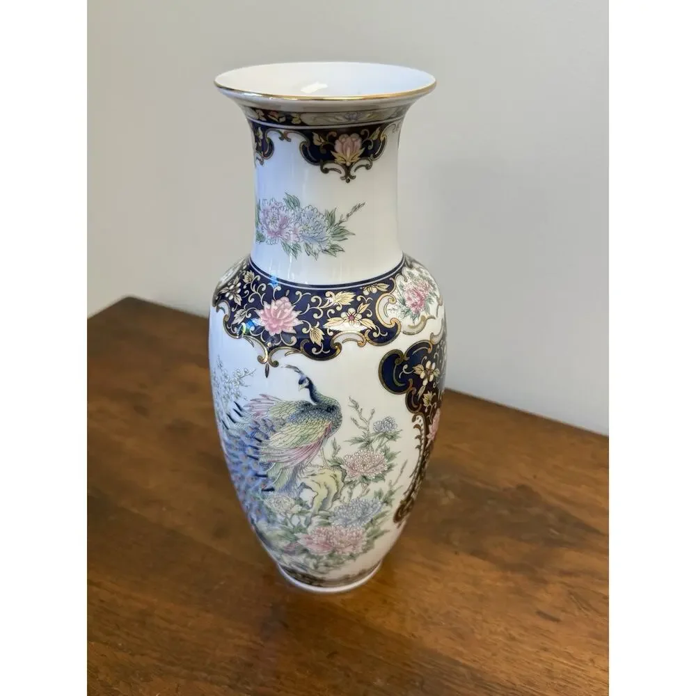 Vintage Japan Porcelain Peacock Floral Vase Cobalt Blue Gold Gilt 10.625